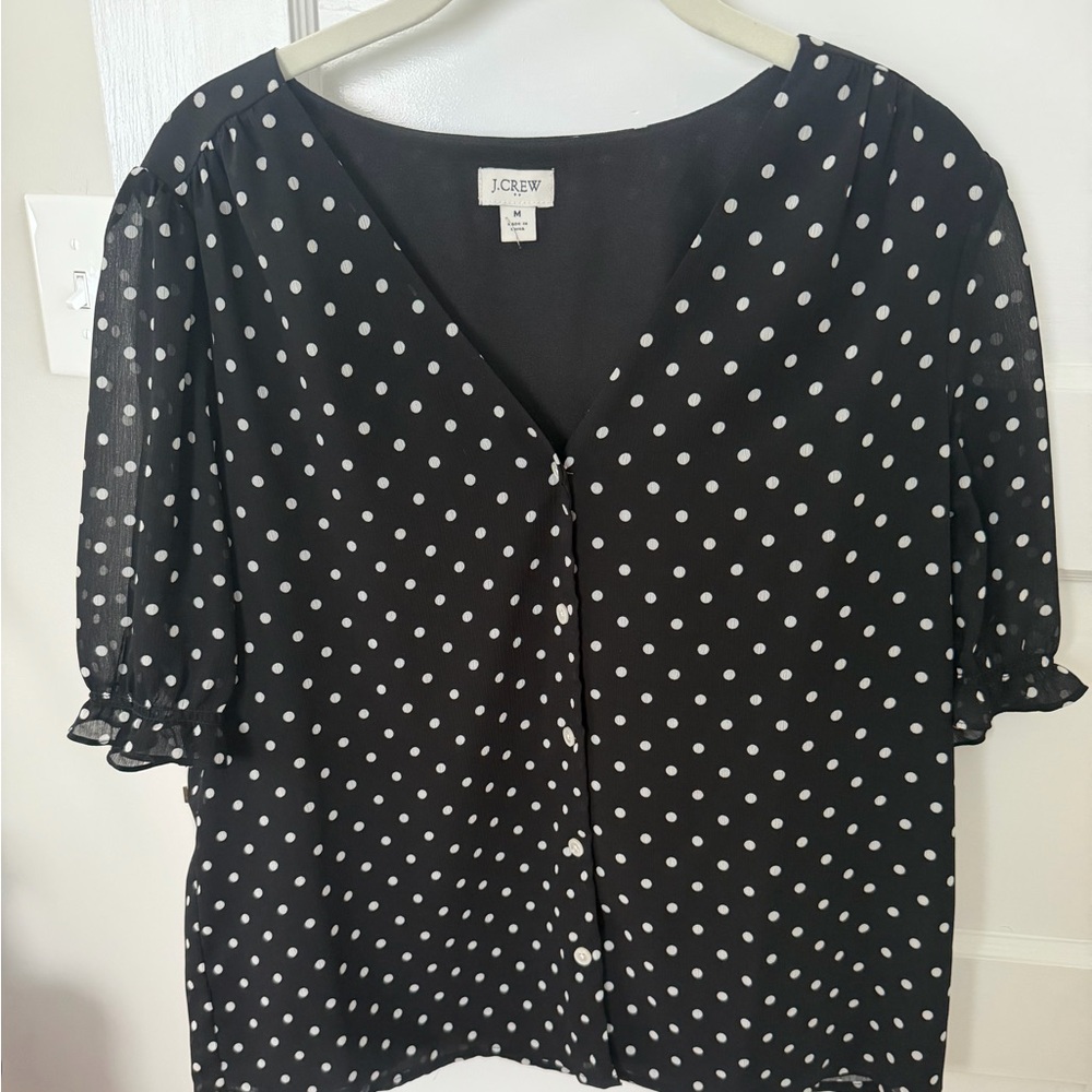 J. Crew Black Polka Dot V-Neck Button-Front Blouse